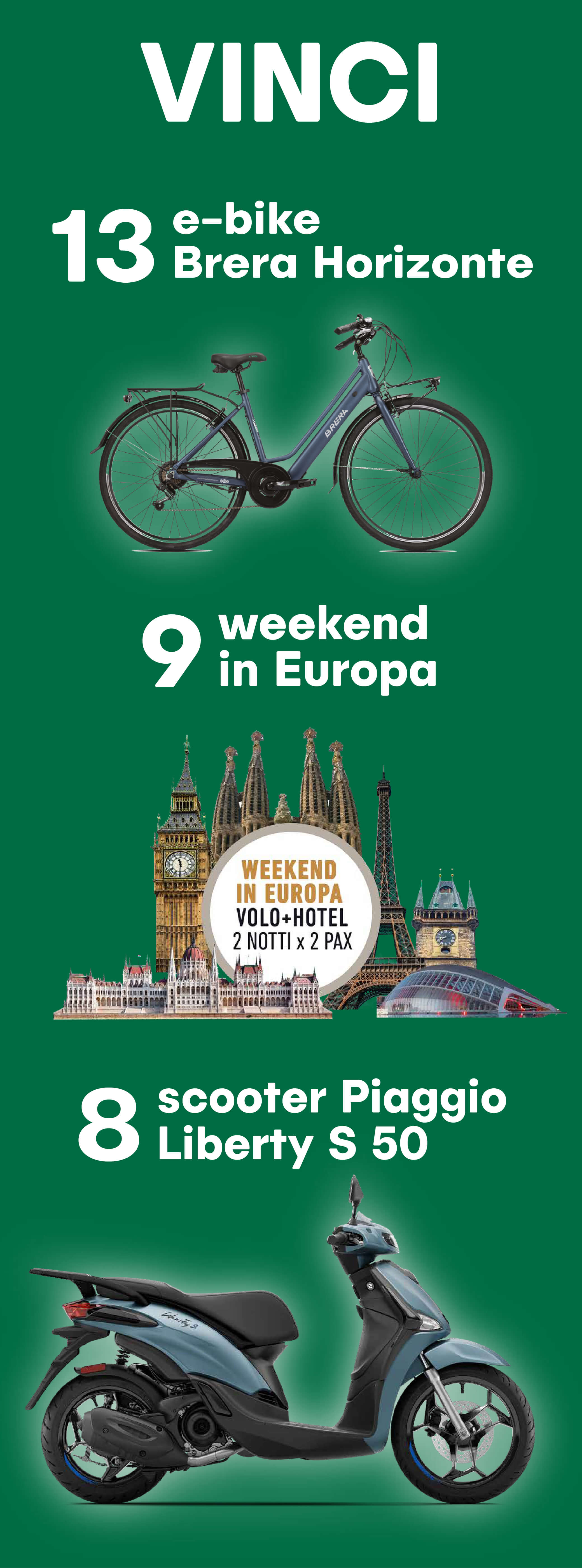 Vinci 13 e-bike Brera Horizonte, 9 weekend in Europa e 8 scooter Piaggio Liberty S 50.
