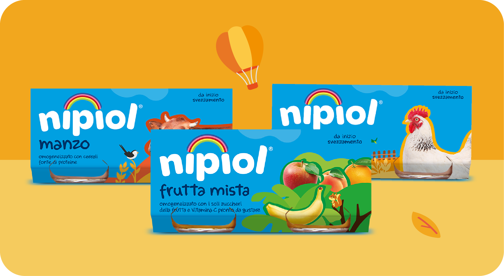 Tre confezioni di omogeneizzati Nipiol per bambini: manzo, frutta mista e pollo.