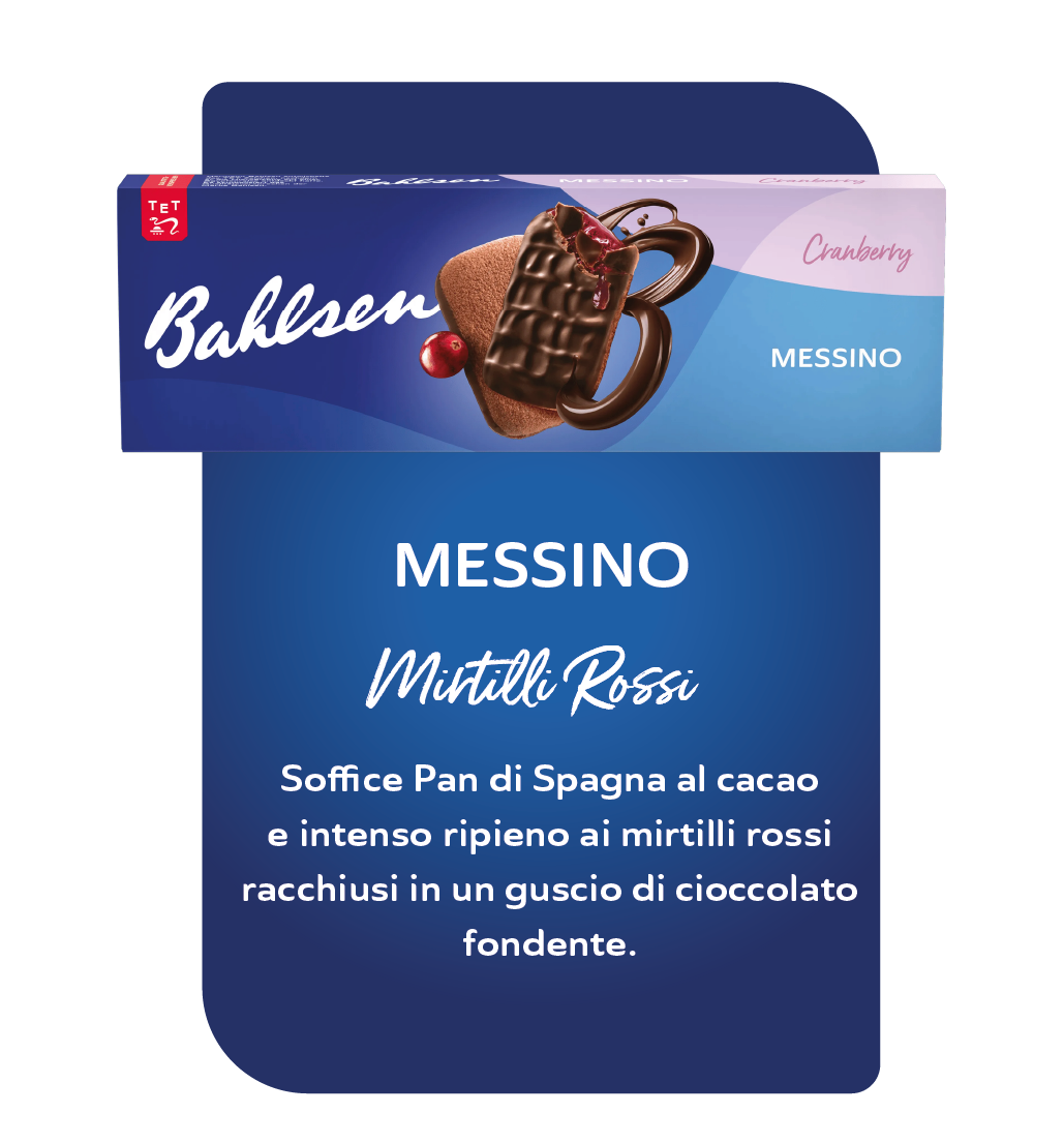 MESSINO
Mirtilli Rossi
Soffice pandispagna al cacao e intenso ripieno ai mirtilli rossi
racchiusi in un guscio di cioccolato