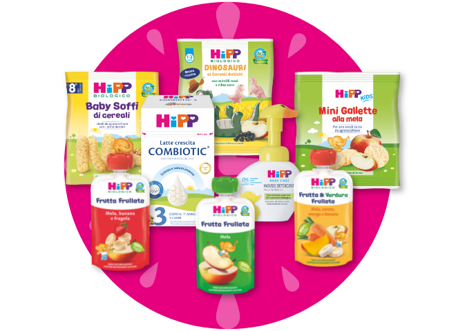 Prodotti HiPP (Latte crescita, Frutta Frullata, Mini gallette alla mela, Baby soffi di cereali)