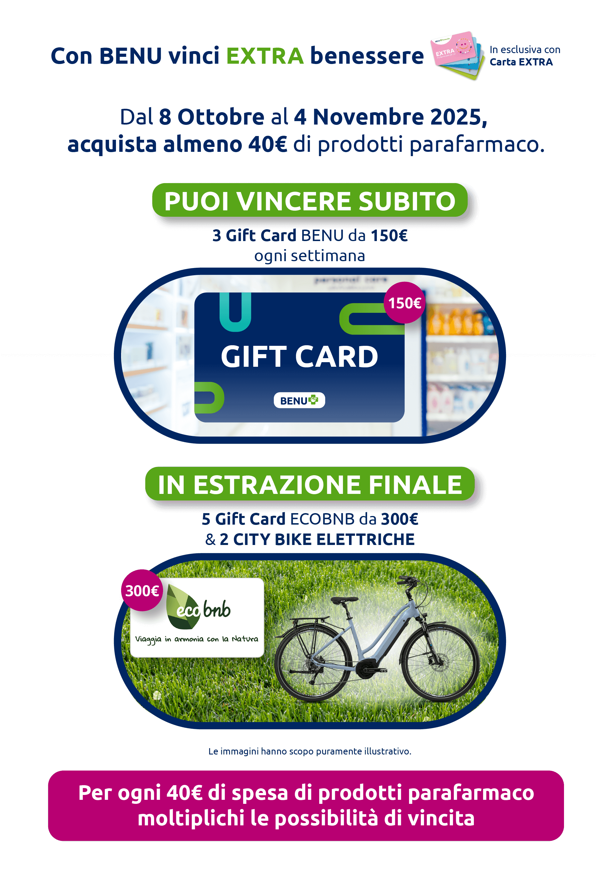 Con BENU vinci EXTRA benessere In esclusiva con Carta EXTRA. Dal 8 Ottobre al 4 Novembre 2025, acquista almeno 40€ di prodotti parafarmaco. Puoi vincere subito 3 Gift Card BENU da 150€. Ogni settimana in estrazione finale 5 Gift Card ECOBNB da 300€ & 2 CITY BIKE ELETTRICHE. Per ogni 40€ di spesa di prodotti parafarmaco moltiplichi le possibilità di vincita. 