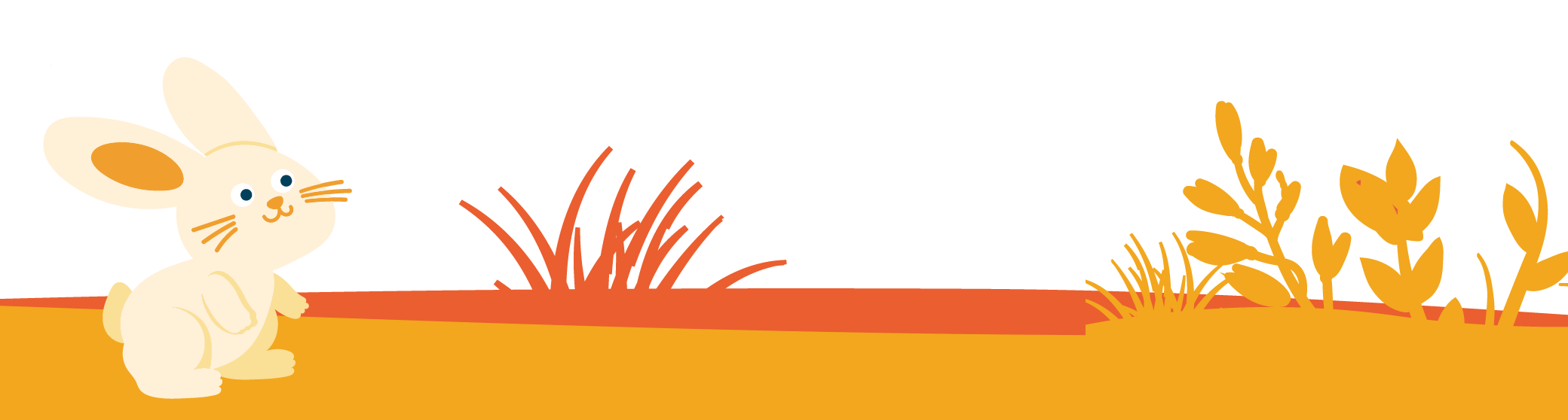 Illustrazione di un coniglietto bianco che guarda una foglia che vola, tra piante stilizzate dai colori autunnali.